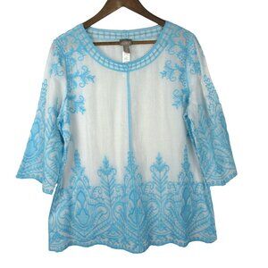 Chico's Embroidered Tunic Top Blouse Women Size L Cotton Blend Coastal Summer